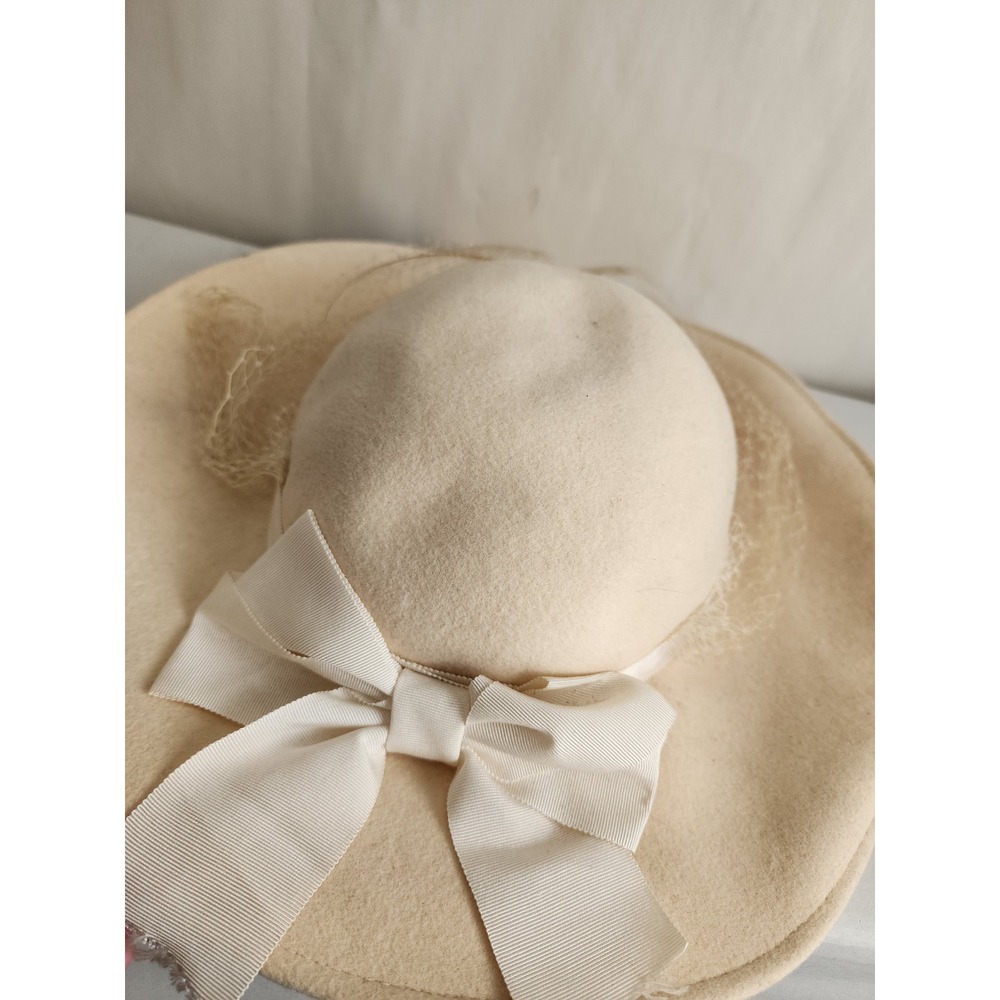 Michael Howard Vintage Wool Wide Brim Hat Cream Beige Veil Feather Bow USA Made